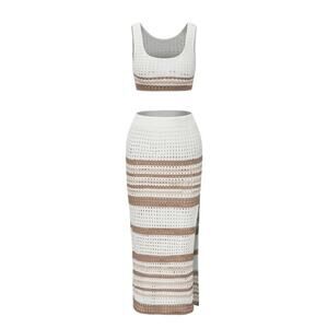 Micas Women's XL Stripe Openwork Knit Crop Tank Top Slit Midi Skirt Summer Set